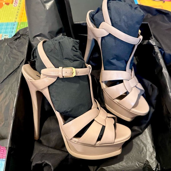 Saint Laurent Nude Strappy Platform Heels - Picture 1 of 7